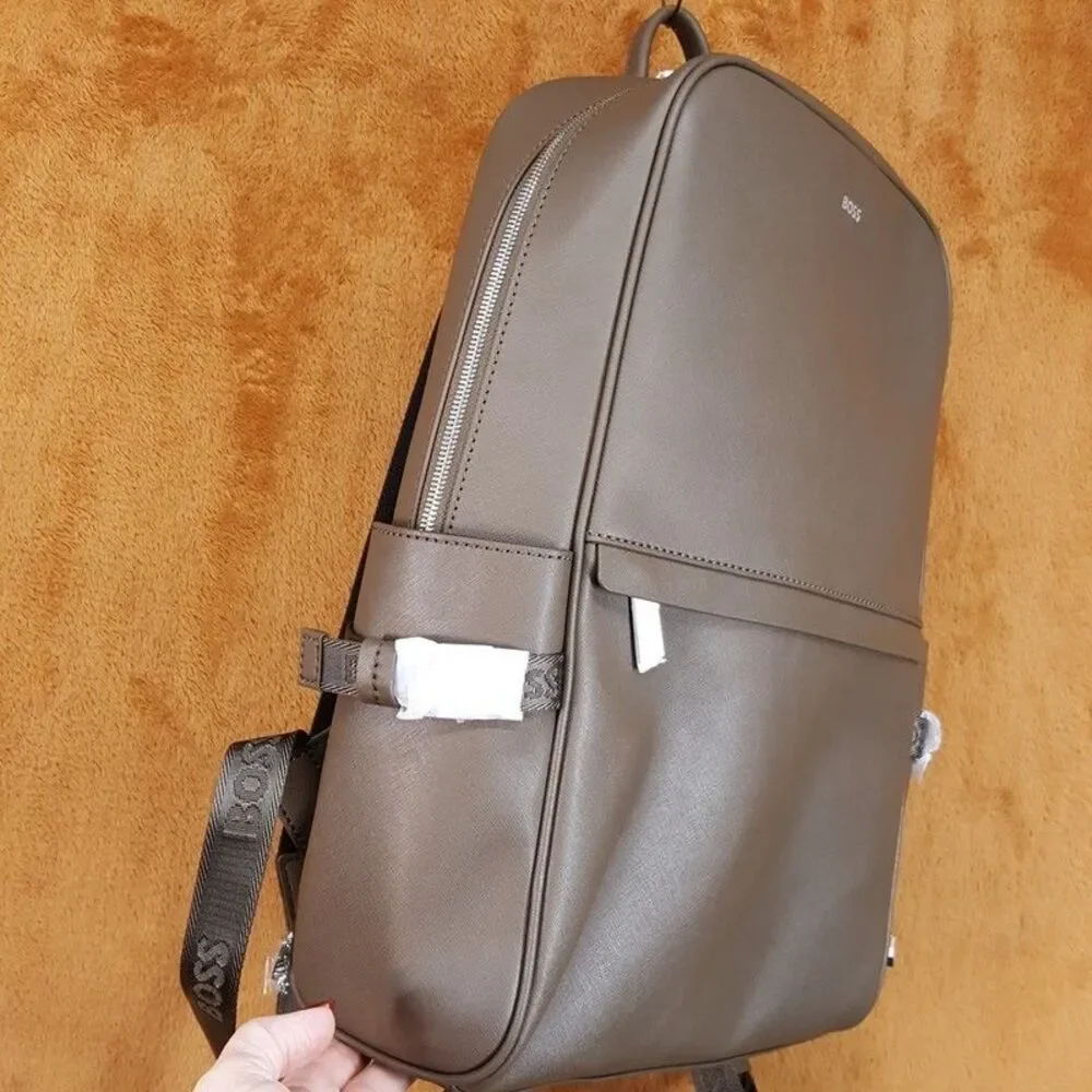 HUGO BOSS Mens Backpack Tan Brown Regenerated Leather ZAIR $299